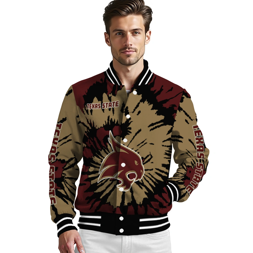 custom texas state bobcats burst splatter maroon varsity jacket high quality custom texas state bobcats burst splatter maroon varsity jacket high quality