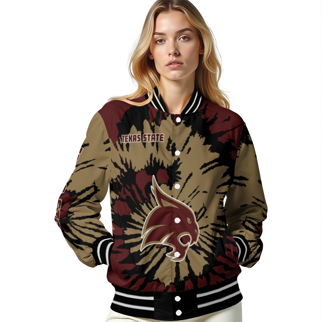 custom texas state bobcats burst splatter maroon varsity jacket latest model custom texas state bobcats burst splatter maroon varsity jacket latest model