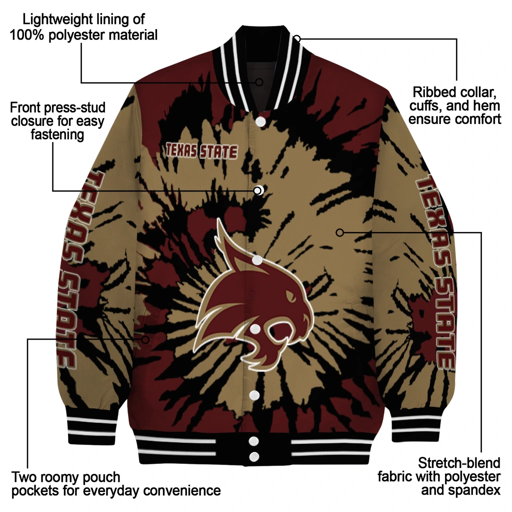 custom texas state bobcats burst splatter maroon varsity jacket new arrival custom texas state bobcats burst splatter maroon varsity jacket new arrival