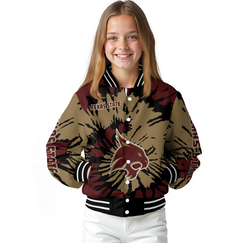 custom texas state bobcats burst splatter maroon varsity jacket top rated custom texas state bobcats burst splatter maroon varsity jacket top rated