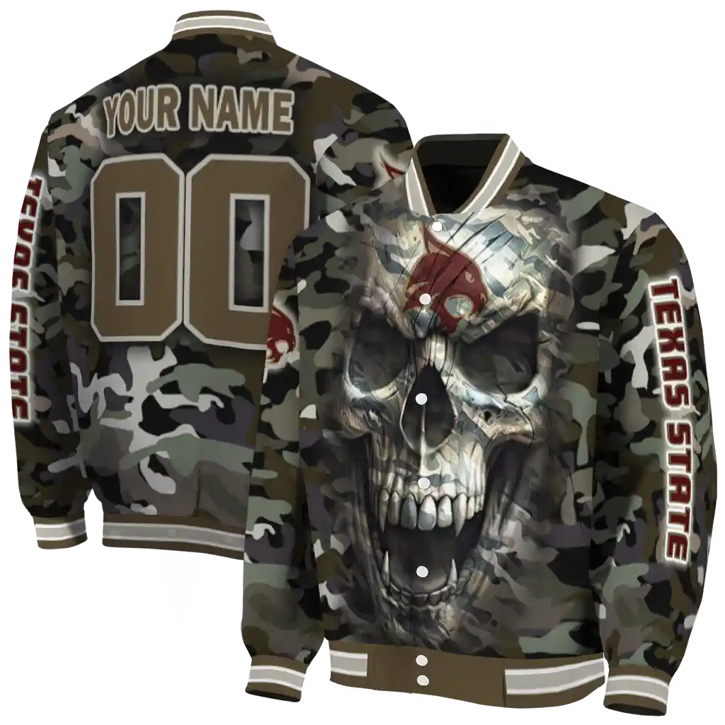 custom texas state bobcats camouflage skull camouflage varsity jacket fashion forward custom texas state bobcats camouflage skull camouflage varsity jacket fashion forward