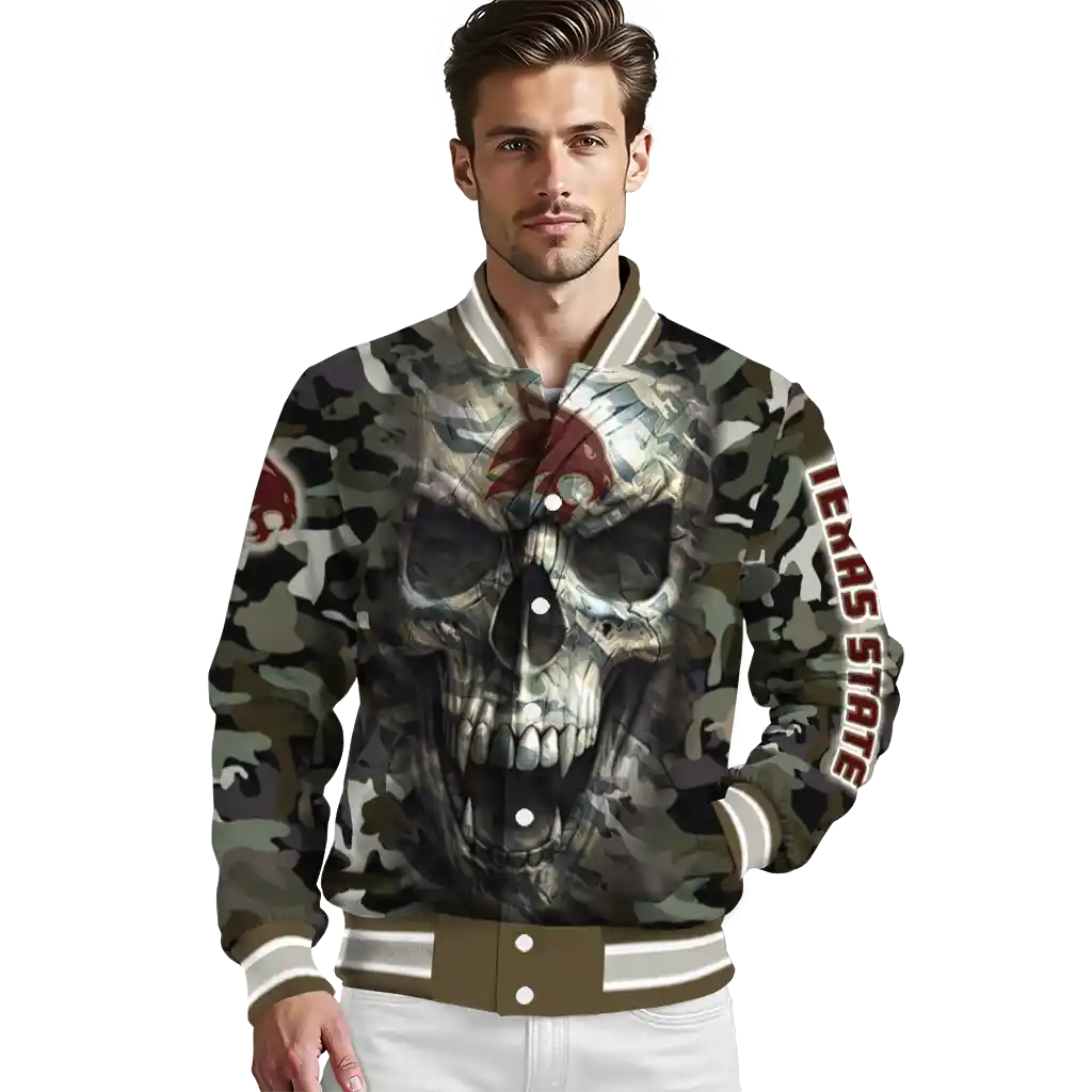 custom texas state bobcats camouflage skull camouflage varsity jacket high quality custom texas state bobcats camouflage skull camouflage varsity jacket high quality
