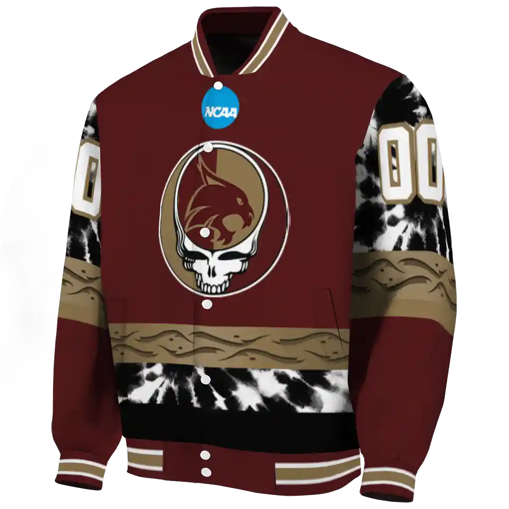 custom texas state bobcats circle skull maroon black varsity jacket best selling custom texas state bobcats circle skull maroon black varsity jacket best selling
