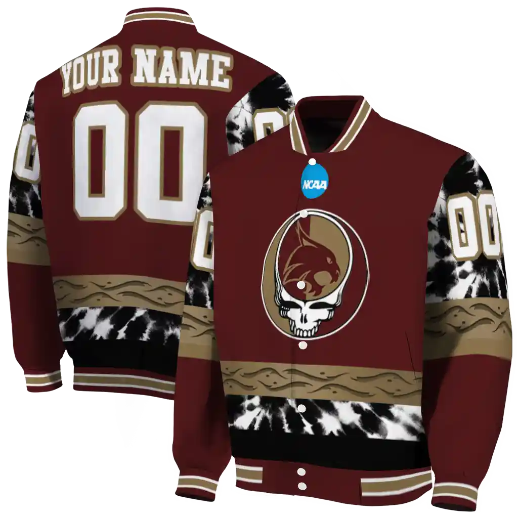 custom texas state bobcats circle skull maroon black varsity jacket fashion forward custom texas state bobcats circle skull maroon black varsity jacket fashion forward