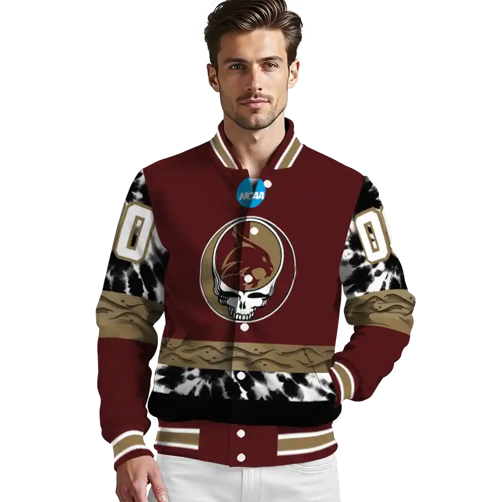 custom texas state bobcats circle skull maroon black varsity jacket high quality custom texas state bobcats circle skull maroon black varsity jacket high quality