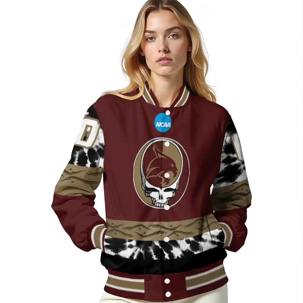 custom texas state bobcats circle skull maroon black varsity jacket latest model custom texas state bobcats circle skull maroon black varsity jacket latest model