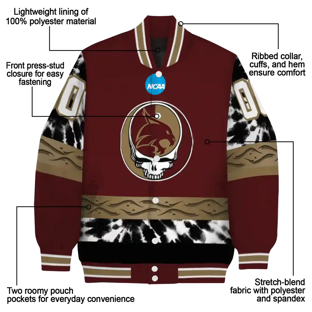 custom texas state bobcats circle skull maroon black varsity jacket new arrival custom texas state bobcats circle skull maroon black varsity jacket new arrival