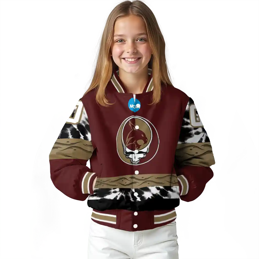 custom texas state bobcats circle skull maroon black varsity jacket top rated custom texas state bobcats circle skull maroon black varsity jacket top rated