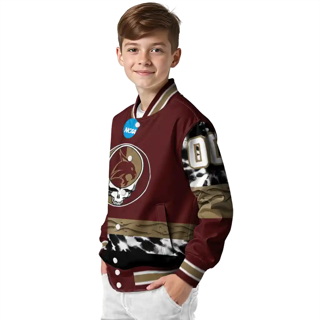 custom texas state bobcats circle skull maroon black varsity jacket trendy custom texas state bobcats circle skull maroon black varsity jacket trendy