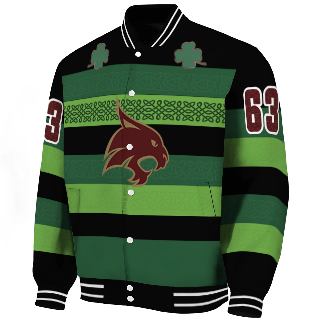 custom texas state bobcats clover green lines green black varsity jacket best selling custom texas state bobcats clover green lines green black varsity jacket best selling