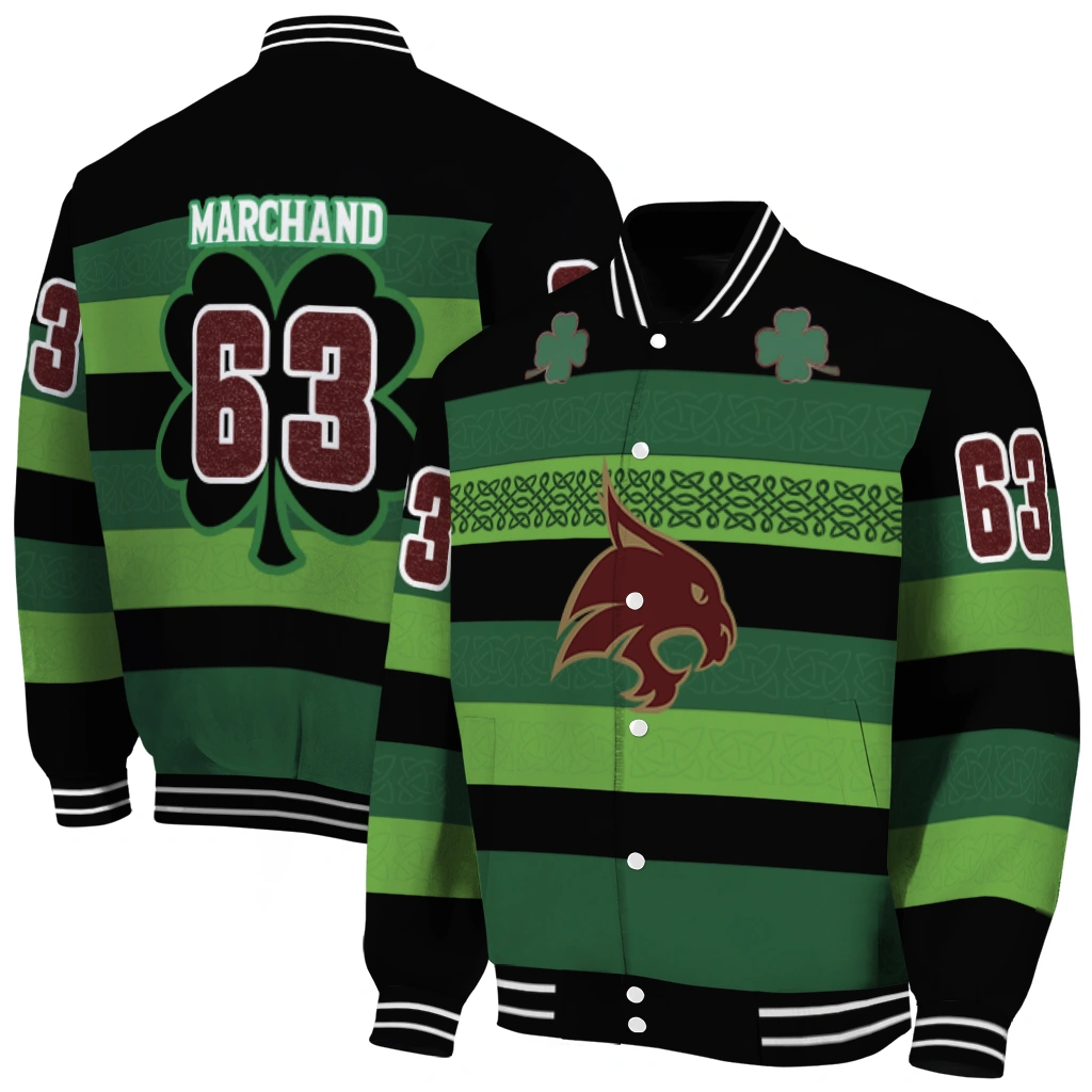 custom texas state bobcats clover green lines green black varsity jacket fashion forward custom texas state bobcats clover green lines green black varsity jacket fashion forward