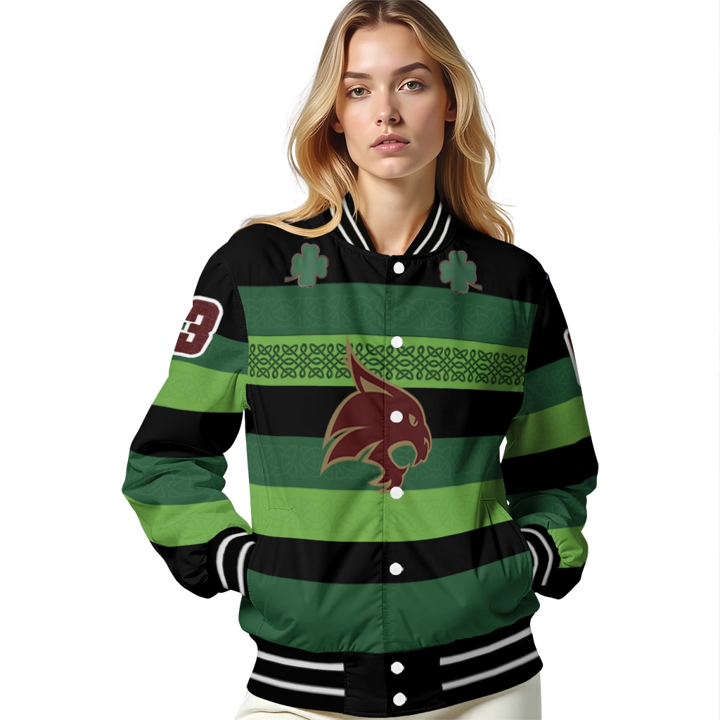 custom texas state bobcats clover green lines green black varsity jacket latest model custom texas state bobcats clover green lines green black varsity jacket latest model