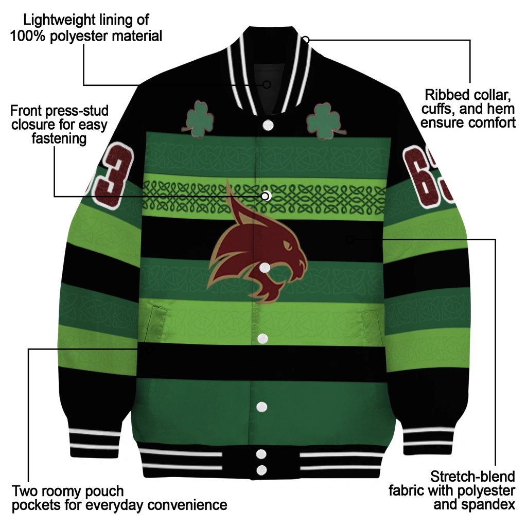 custom texas state bobcats clover green lines green black varsity jacket new arrival custom texas state bobcats clover green lines green black varsity jacket new arrival