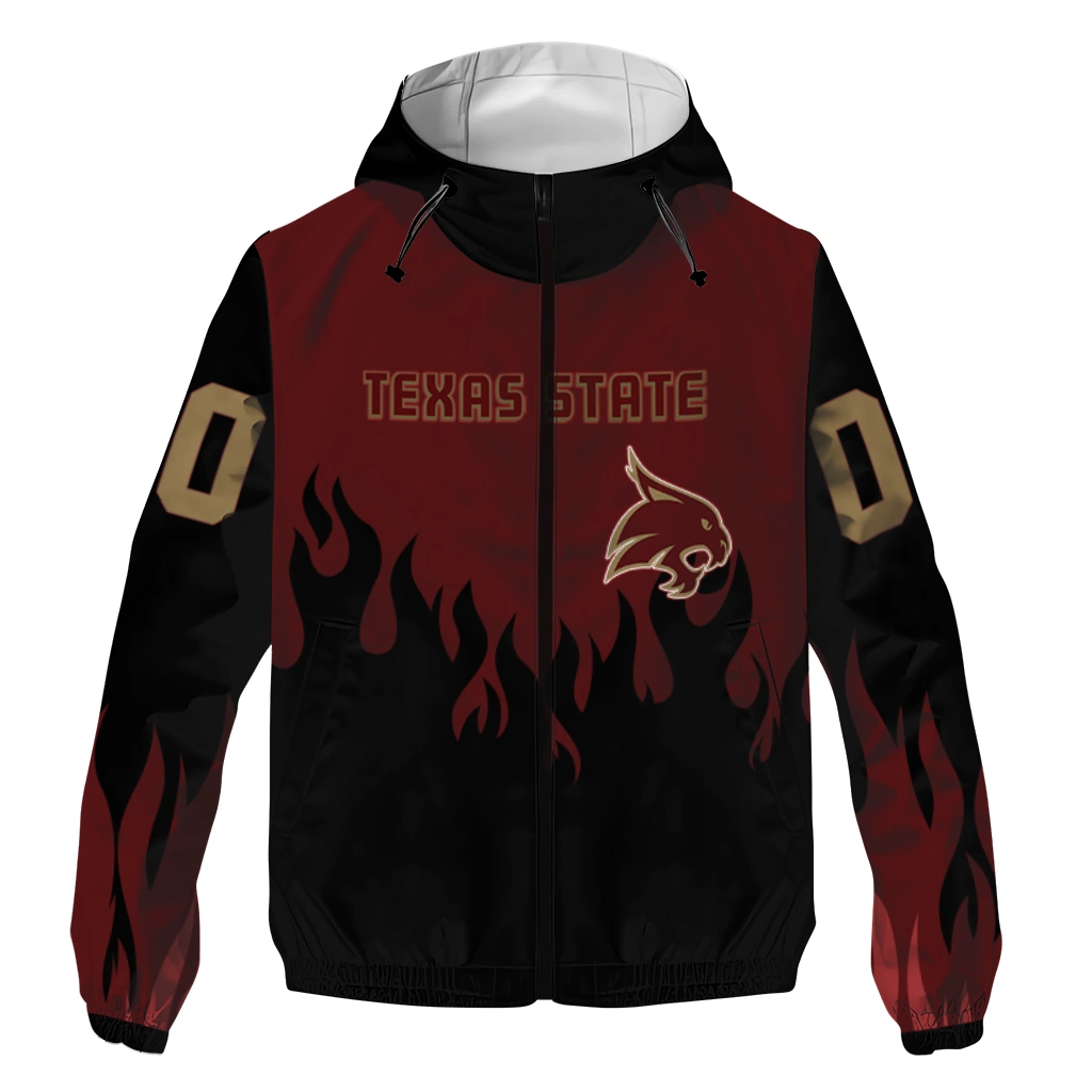 custom texas state bobcats flame trim maroon black windbreaker jacket best selling custom texas state bobcats flame trim maroon black windbreaker jacket best selling