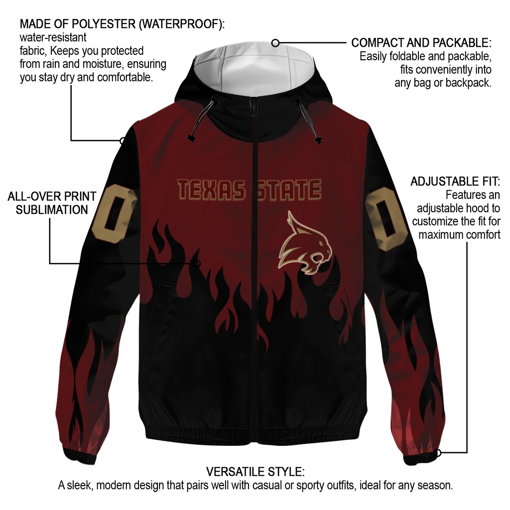 custom texas state bobcats flame trim maroon black windbreaker jacket new arrival custom texas state bobcats flame trim maroon black windbreaker jacket new arrival