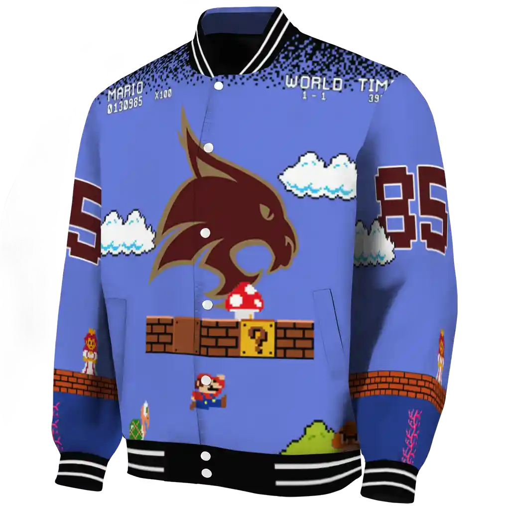 custom texas state bobcats mario blocks blue black varsity jacket best selling custom texas state bobcats mario blocks blue black varsity jacket best selling