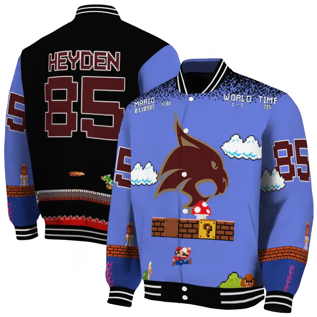 custom texas state bobcats mario blocks blue black varsity jacket fashion forward custom texas state bobcats mario blocks blue black varsity jacket fashion forward