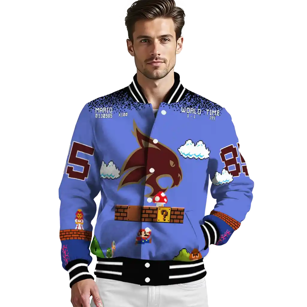 custom texas state bobcats mario blocks blue black varsity jacket high quality custom texas state bobcats mario blocks blue black varsity jacket high quality