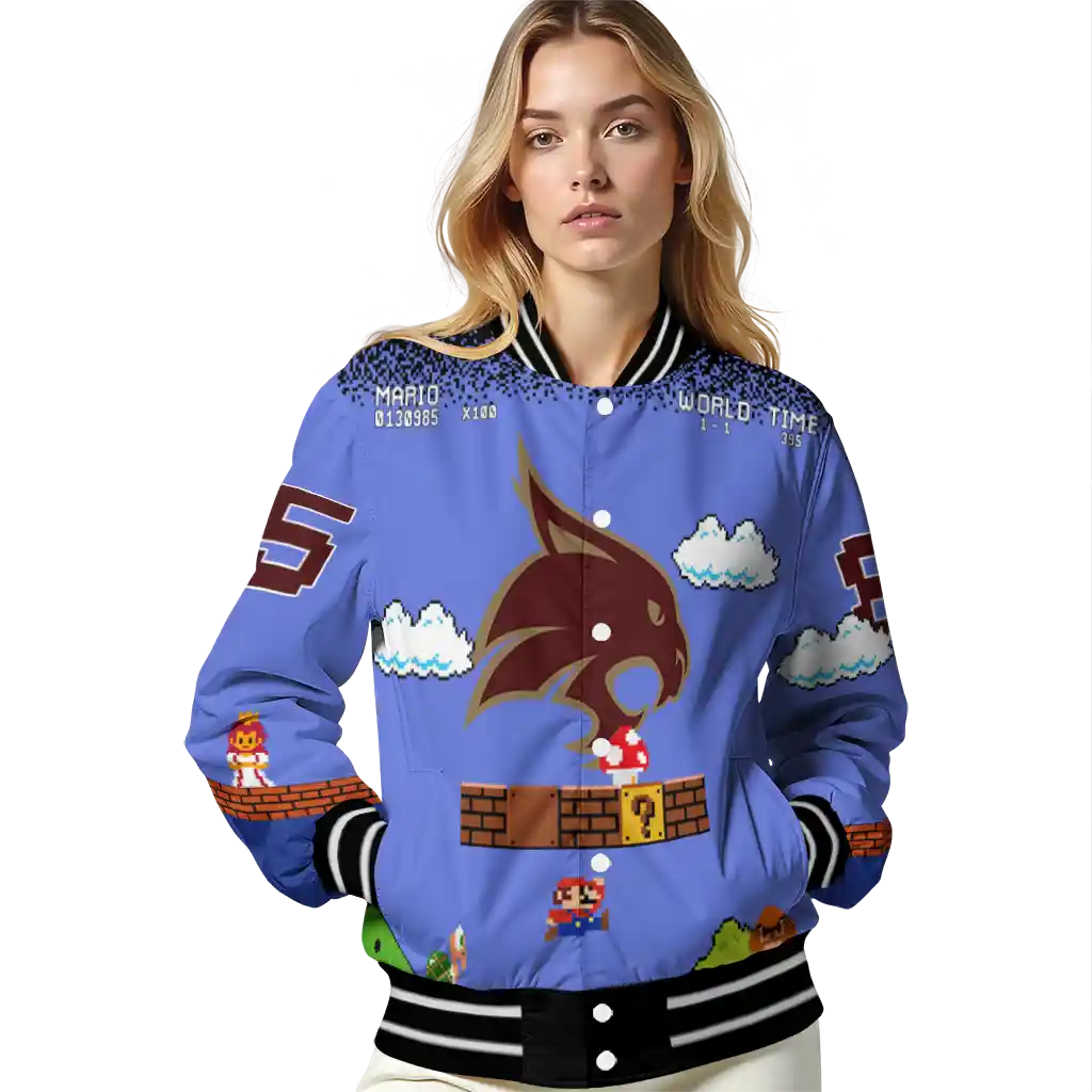 custom texas state bobcats mario blocks blue black varsity jacket latest model custom texas state bobcats mario blocks blue black varsity jacket latest model