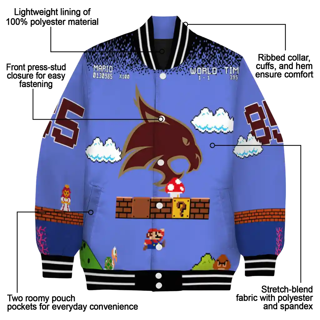 custom texas state bobcats mario blocks blue black varsity jacket new arrival custom texas state bobcats mario blocks blue black varsity jacket new arrival