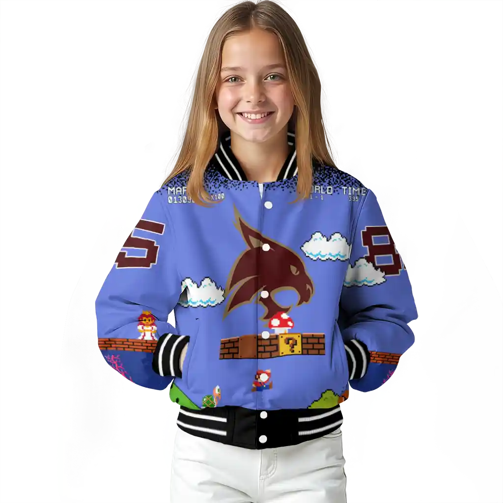 custom texas state bobcats mario blocks blue black varsity jacket top rated custom texas state bobcats mario blocks blue black varsity jacket top rated