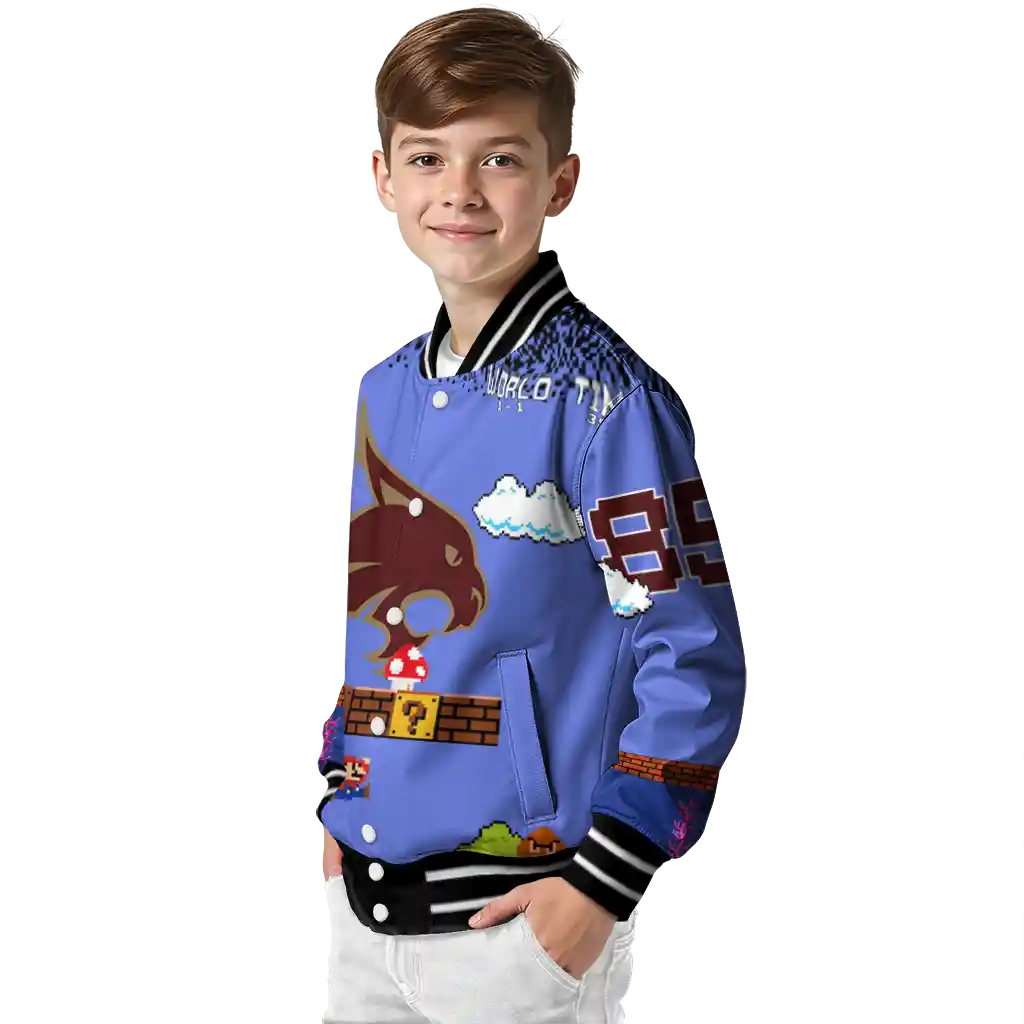 custom texas state bobcats mario blocks blue black varsity jacket trendy custom texas state bobcats mario blocks blue black varsity jacket trendy