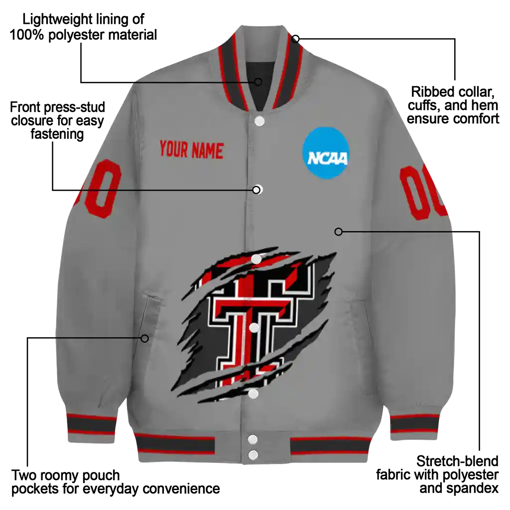 custom texas tech red raiders feral slash grey varsity jacket new arrival custom texas tech red raiders feral slash grey varsity jacket new arrival