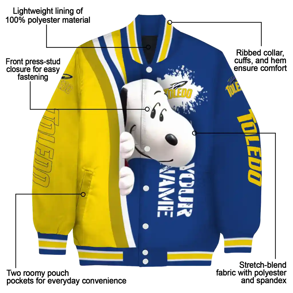 custom toledo rockets snoopy head blue varsity jacket new arrival custom toledo rockets snoopy head blue varsity jacket new arrival