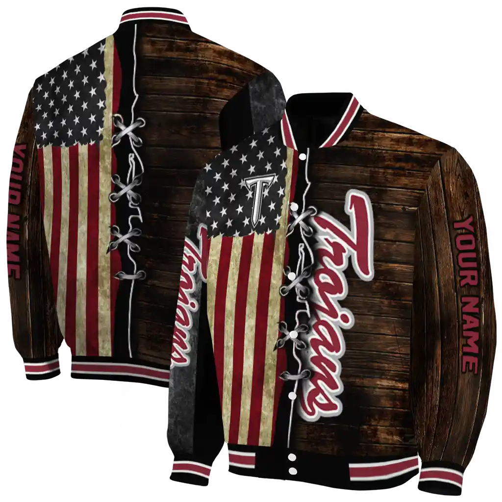 custom troy trojans flag wood brown varsity jacket fashion forward custom troy trojans flag wood brown varsity jacket fashion forward