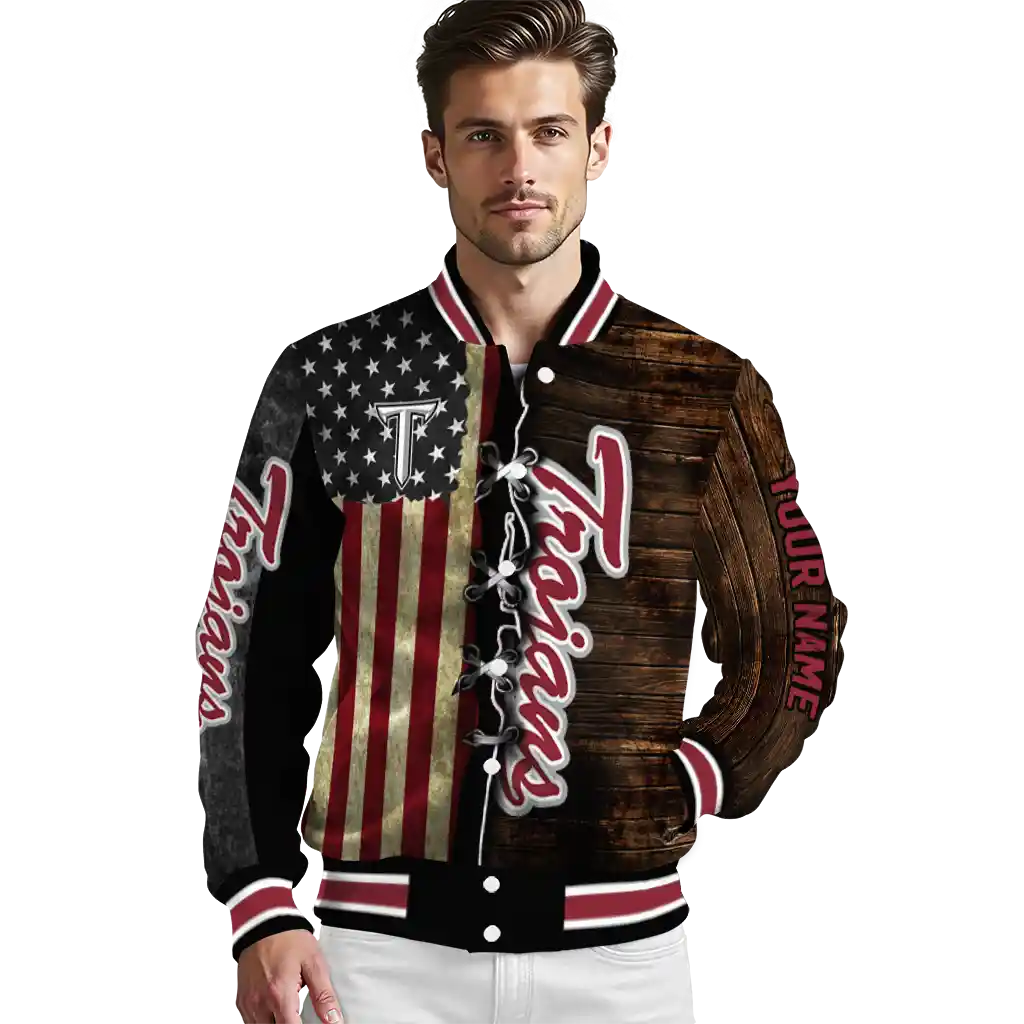 custom troy trojans flag wood brown varsity jacket high quality custom troy trojans flag wood brown varsity jacket high quality