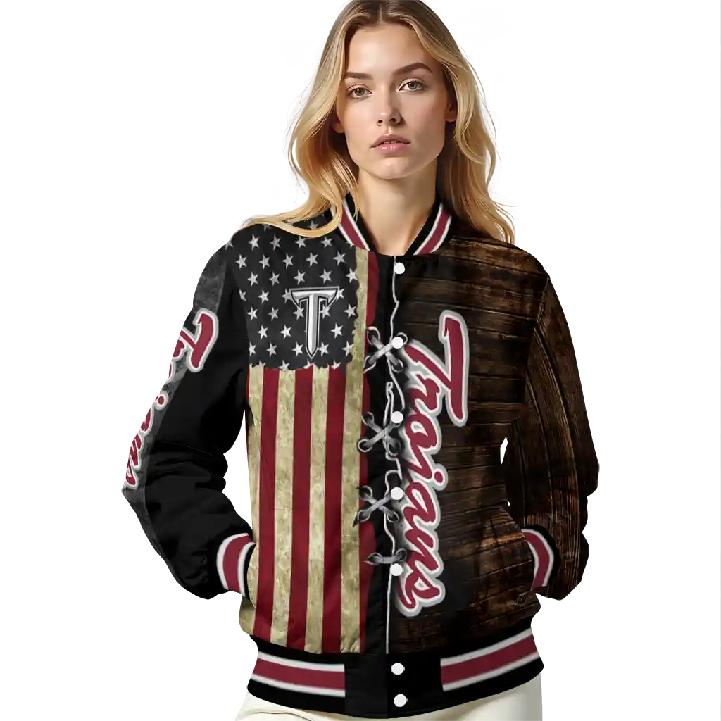custom troy trojans flag wood brown varsity jacket latest model custom troy trojans flag wood brown varsity jacket latest model