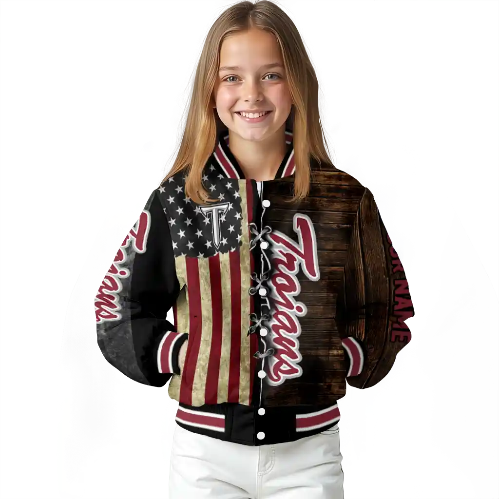 custom troy trojans flag wood brown varsity jacket top rated custom troy trojans flag wood brown varsity jacket top rated