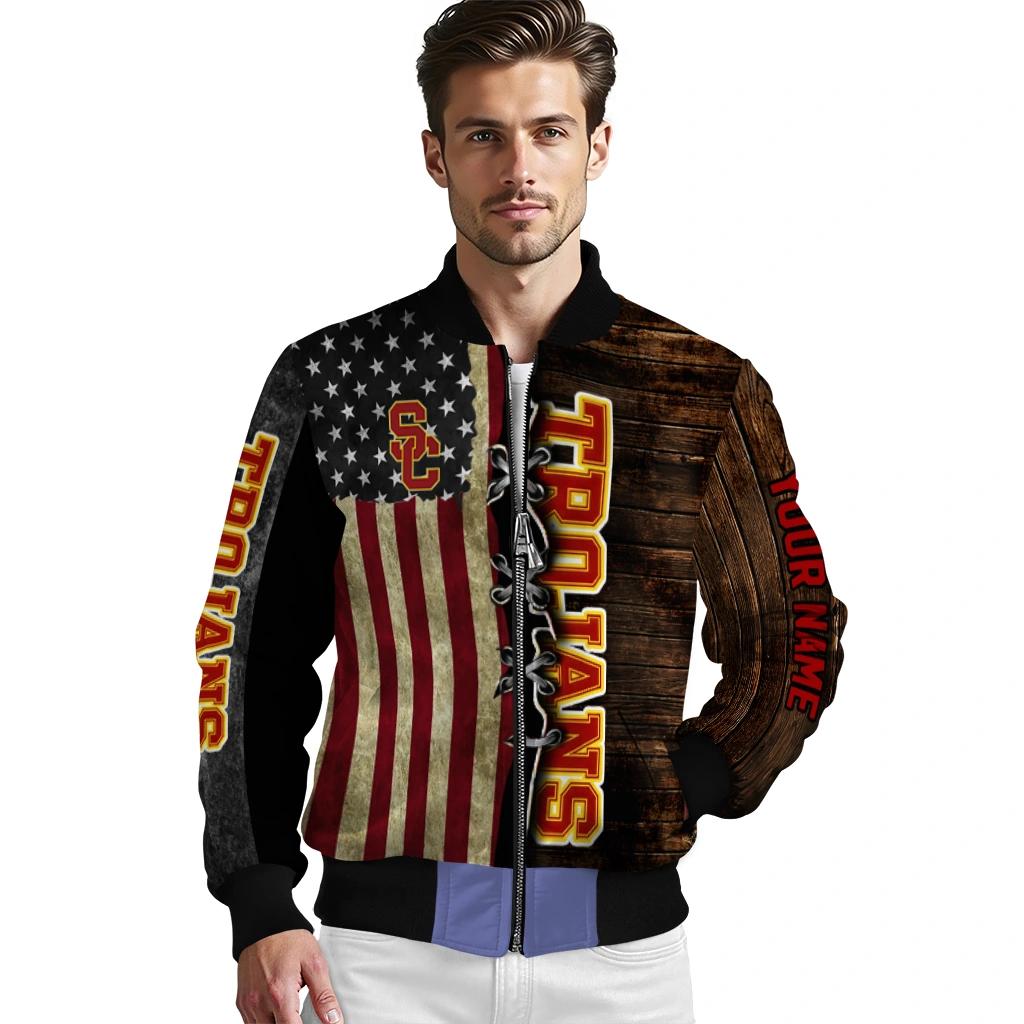 custom usc trojans flag wood brown bomber jacket high quality custom usc trojans flag wood brown bomber jacket high quality