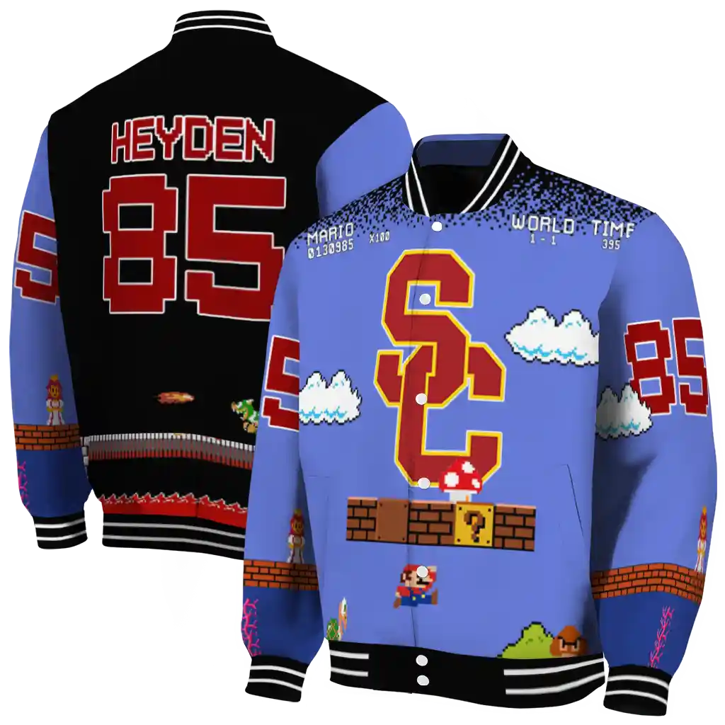 custom usc trojans mario blocks blue black varsity jacket fashion forward custom usc trojans mario blocks blue black varsity jacket fashion forward
