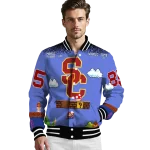 custom usc trojans mario blocks blue black varsity jacket best selling