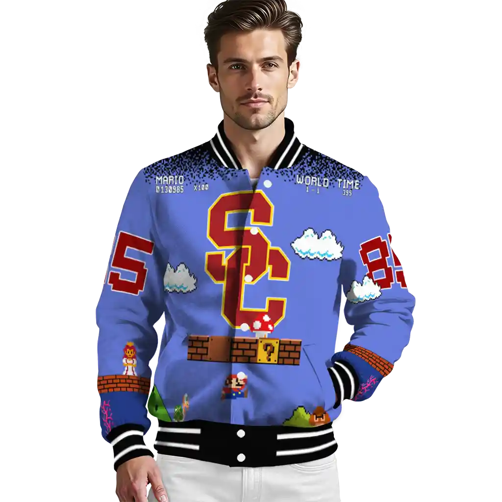 custom usc trojans mario blocks blue black varsity jacket high quality custom usc trojans mario blocks blue black varsity jacket high quality