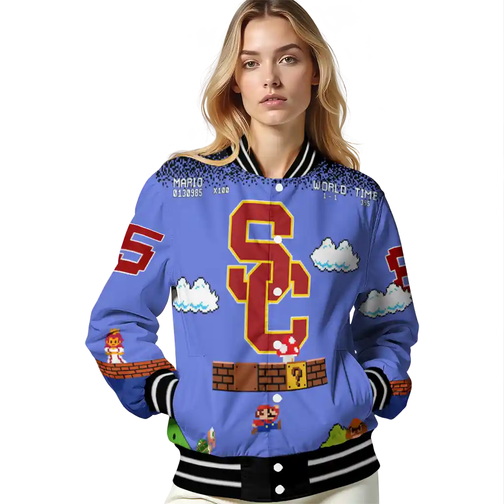 custom usc trojans mario blocks blue black varsity jacket latest model custom usc trojans mario blocks blue black varsity jacket latest model