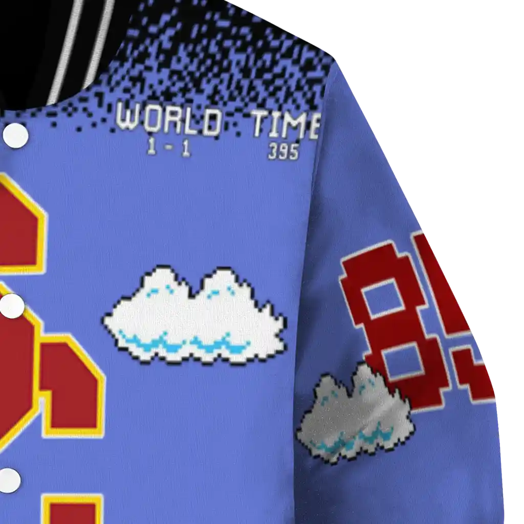 custom usc trojans mario blocks blue black varsity jacket premium grade custom usc trojans mario blocks blue black varsity jacket premium grade