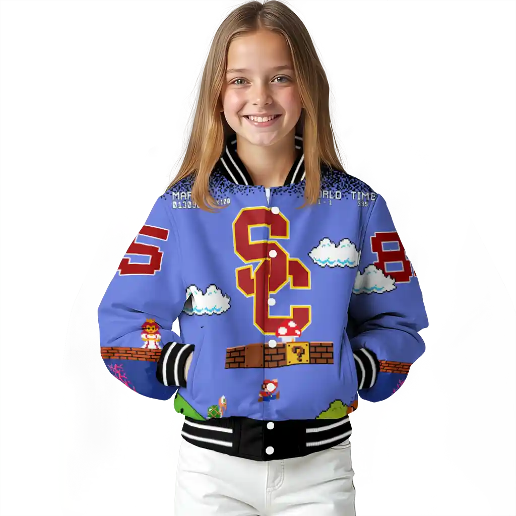 custom usc trojans mario blocks blue black varsity jacket top rated custom usc trojans mario blocks blue black varsity jacket top rated