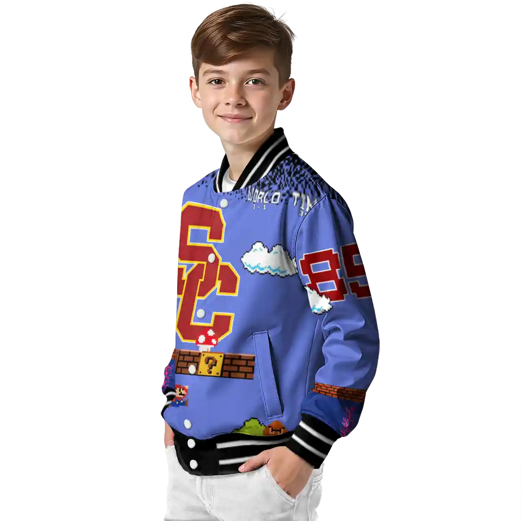 custom usc trojans mario blocks blue black varsity jacket trendy custom usc trojans mario blocks blue black varsity jacket trendy