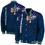 custom utah jazz patriotic claw marks navy varsity jacket best selling