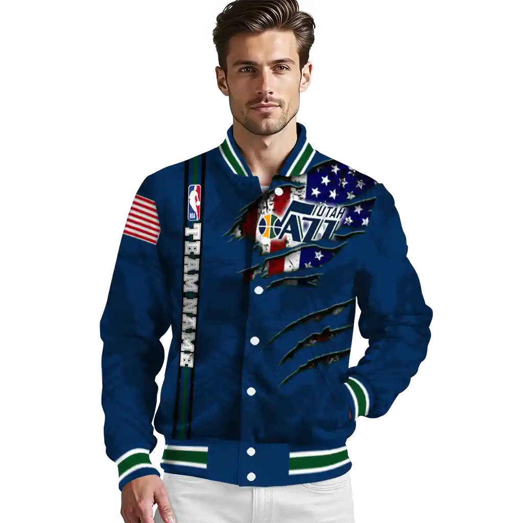 custom utah jazz patriotic claw marks navy varsity jacket high quality custom utah jazz patriotic claw marks navy varsity jacket high quality