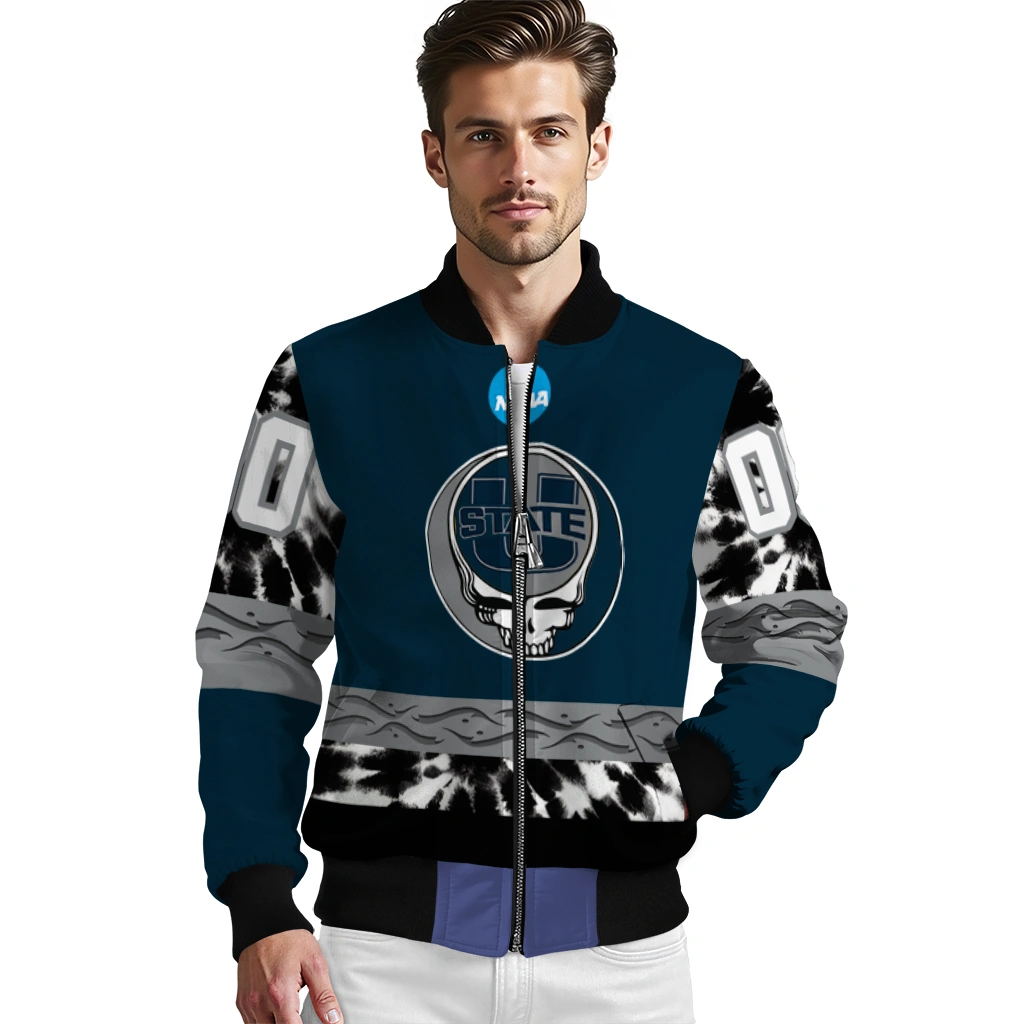 custom utah state aggies circle skull navy black bomber jacket high quality custom utah state aggies circle skull navy black bomber jacket high quality