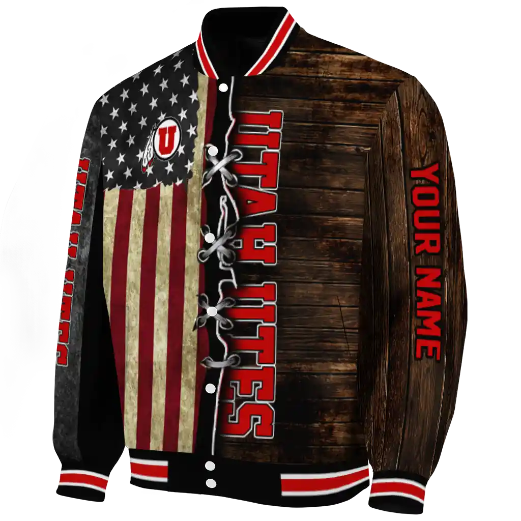 custom utah utes flag wood brown varsity jacket best selling custom utah utes flag wood brown varsity jacket best selling