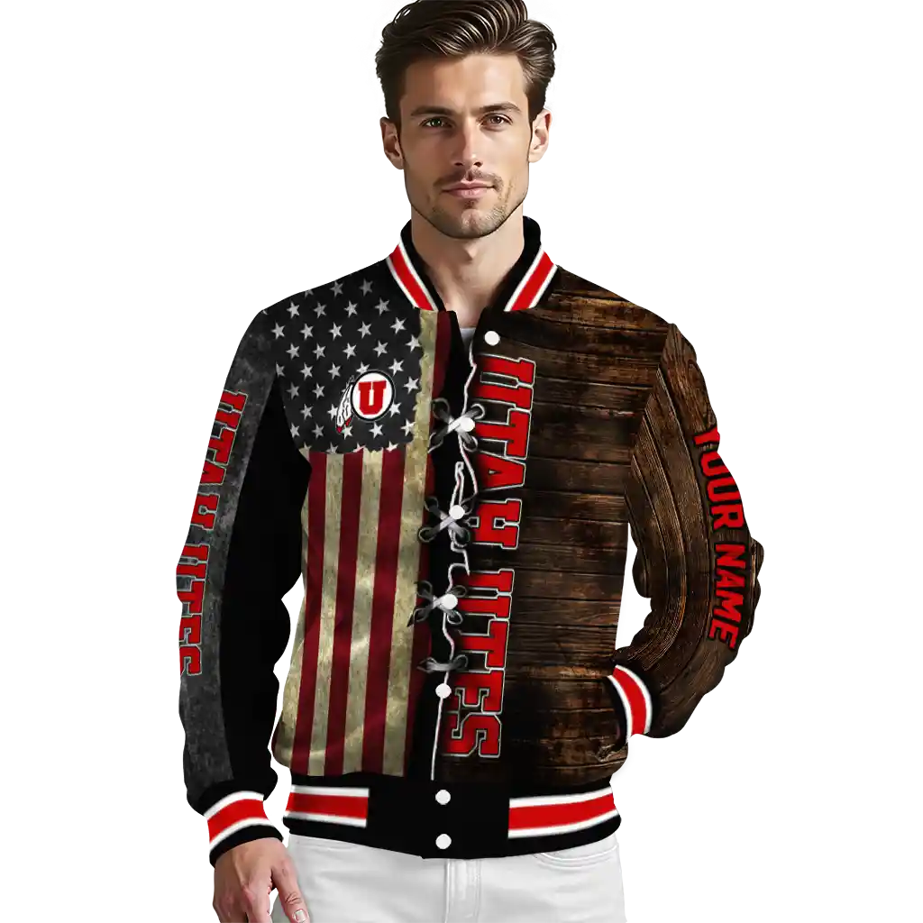 custom utah utes flag wood brown varsity jacket high quality custom utah utes flag wood brown varsity jacket high quality