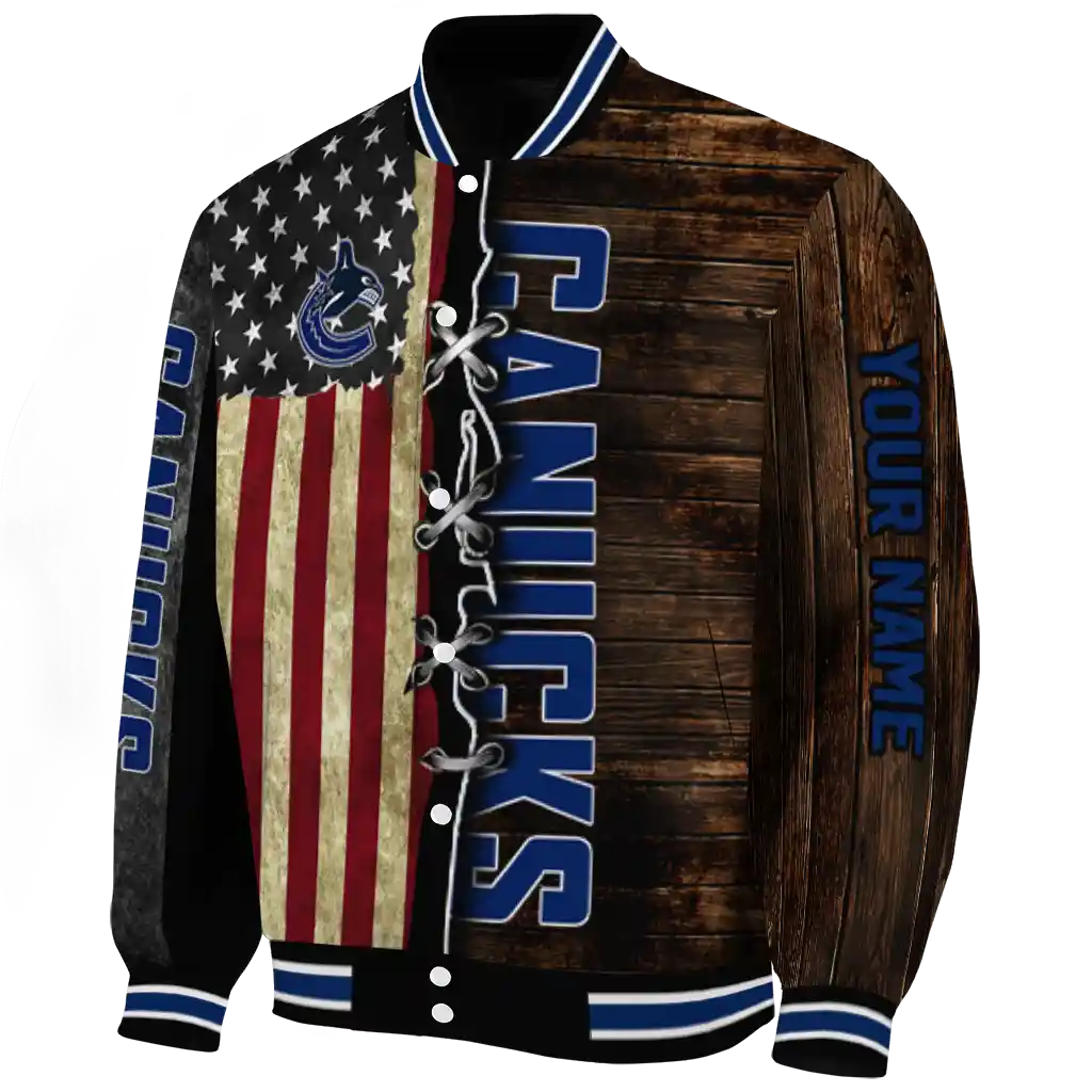custom vancouver canucks flag wood brown varsity jacket best selling custom vancouver canucks flag wood brown varsity jacket best selling