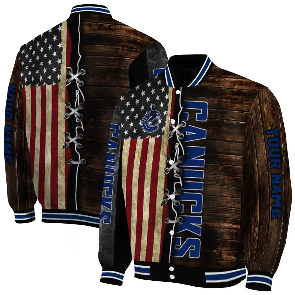 custom vancouver canucks flag wood brown varsity jacket fashion forward custom vancouver canucks flag wood brown varsity jacket fashion forward