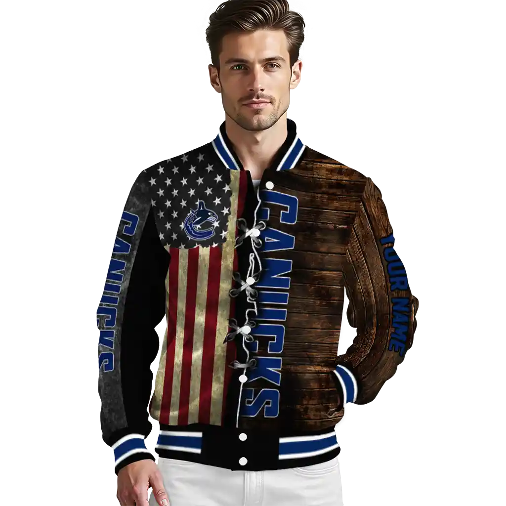 custom vancouver canucks flag wood brown varsity jacket high quality custom vancouver canucks flag wood brown varsity jacket high quality