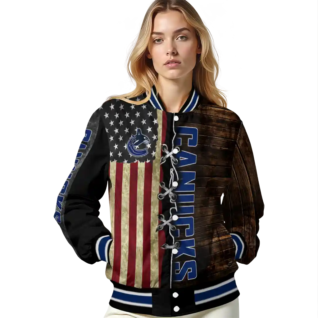 custom vancouver canucks flag wood brown varsity jacket latest model custom vancouver canucks flag wood brown varsity jacket latest model