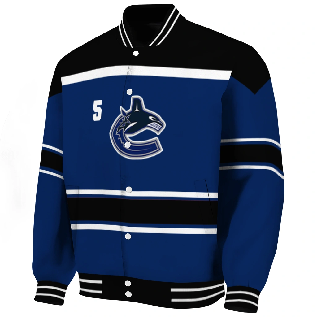 custom vancouver canucks stripe statement blue black varsity jacket best selling custom vancouver canucks stripe statement blue black varsity jacket best selling